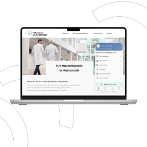 Laptop-Ansicht einer Hausarzt-Praxis-Website mit eingebettetem DocMedico-Widget, das Funktionen wie „Termin vereinbaren", „Rezept anfordern", „AU anfordern" und „Überweisung anfordern" anzeigt.