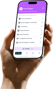 Smartphone-Ansicht der DocMedico Online-Rezeption mit Menüpunkten wie „Termin vereinbaren", „AU anfordern", „Rezept anfordern" und „Zur digitalen Anamnese" unter dem Praxisnamen „Praxis Mayer".